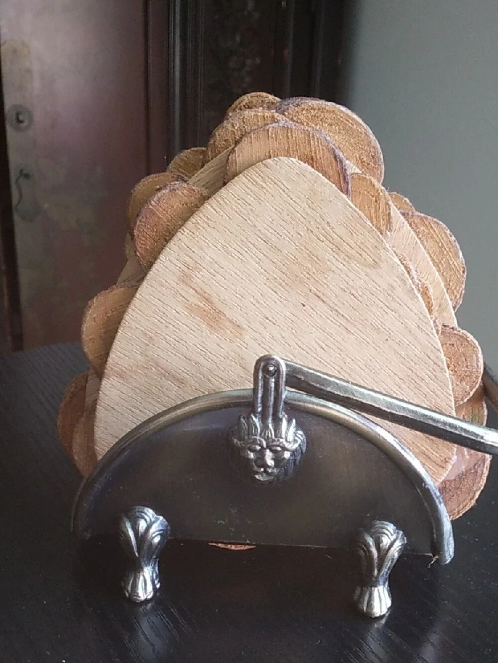 Vintage 80s House Of Lloyd Firewood Log Coaster Set and Gold Lion Head Holder
